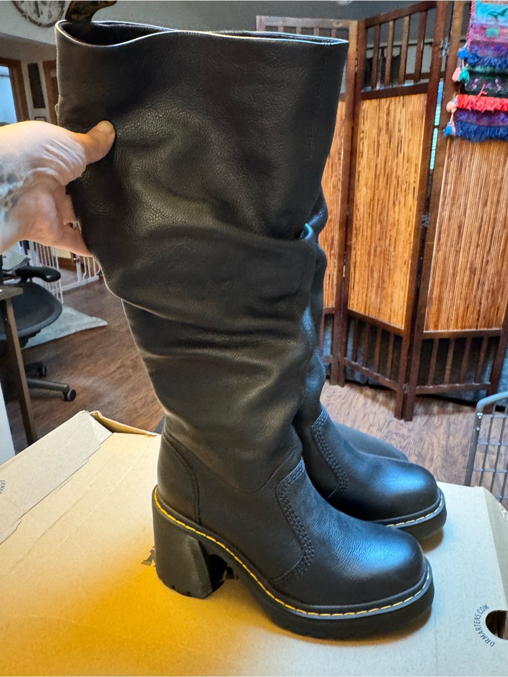 Dr. Martens Black Leather Platform Boots with Yellow Stitching - Picture 3 of 7